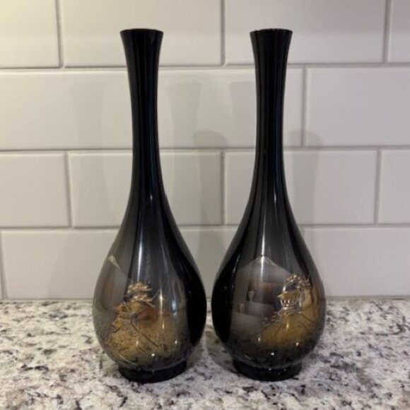 Black Lacquer Bud Vases from Japan (Set of 2) - 9.5 Inches (Height) - Picture 1 of 5